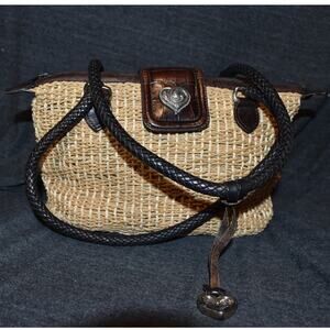 Brighton Straw Woven Handbag Leather Trim 9" Wide